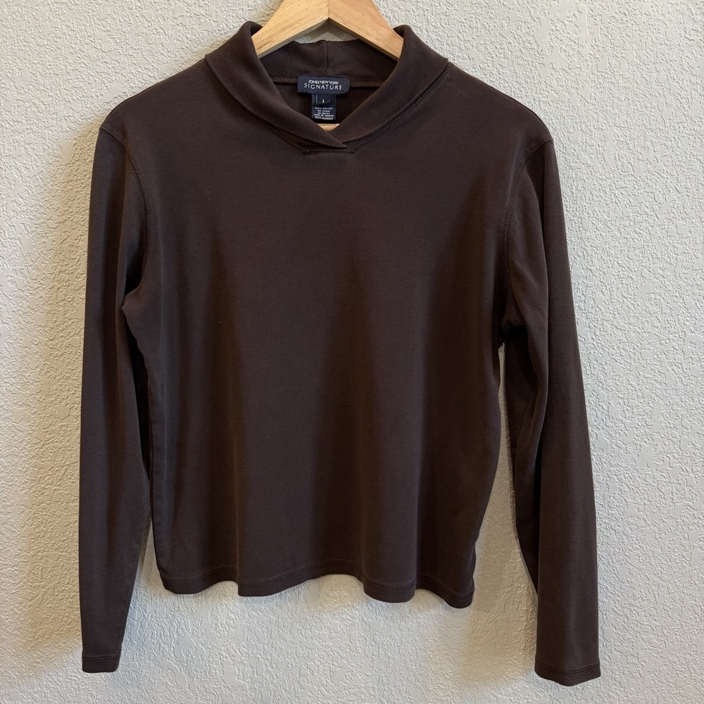 Jones New York Signature Brown 100% Cotton Shawl Neck Knit Top L
